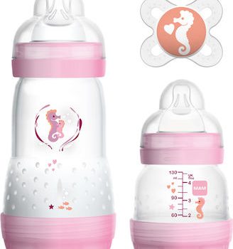 MAM Σετ Πλαστικά Μπιμπερό Easy Start Anti-Colic Starter Set Κατά των Κολικών με Θηλή Σιλικόνης 260ml για 0+ μηνών 3τμχ Ροζ Ιππόκαμπος